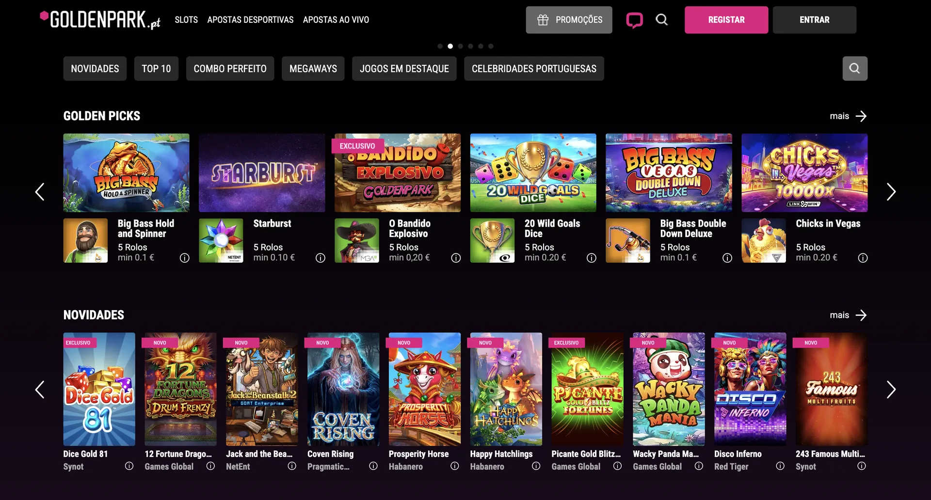 Ecrã do casino GoldenPark com as secções Golden Picks e Novidades